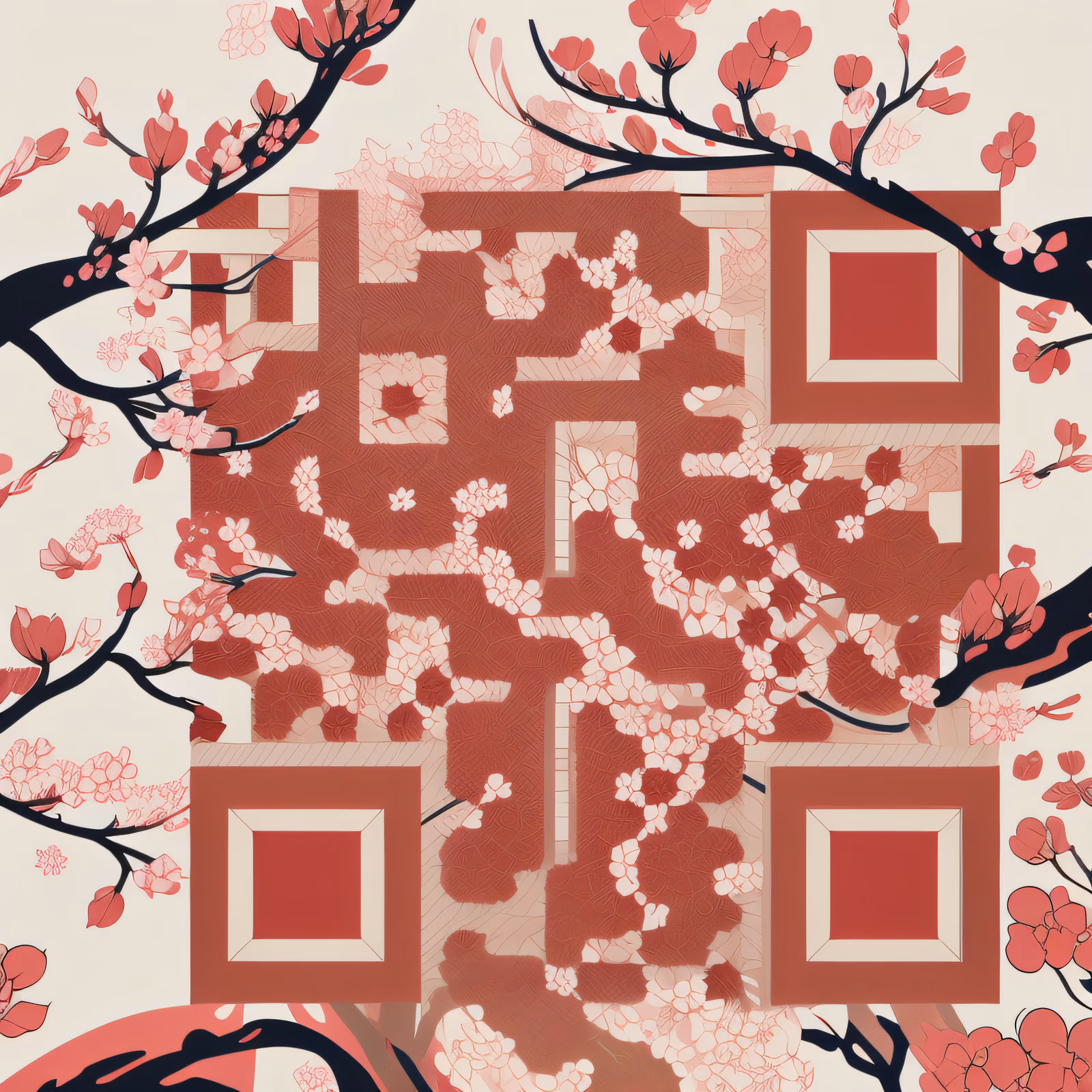 红色樱花枝木版画风格二维码艺术 — 图片 1