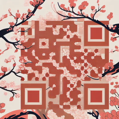 红色樱花枝木版画风格二维码艺术 — 图片 1