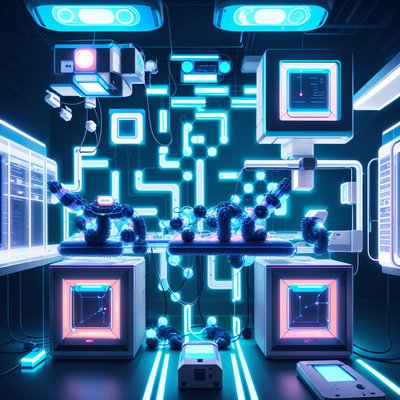 Ретрофутуристическая лаборатория нанороботов: постер с QR-кодом