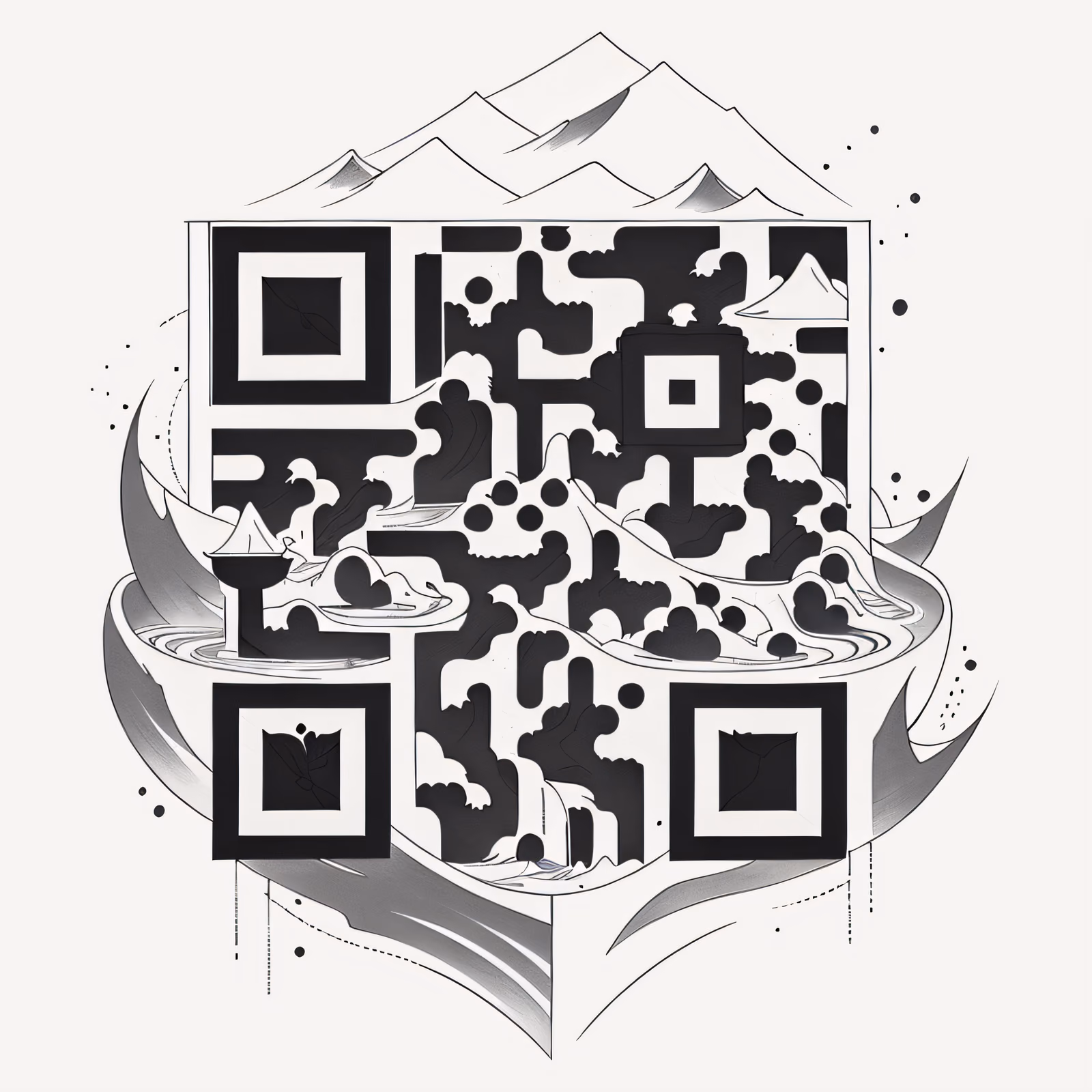 Floating Island Waterfall Tattoo Mountains QR Code for Temporary Tattoos — image 1