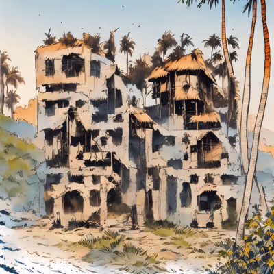 Ruined Tropical Building Comic Ink QR Code for Posters — image 1