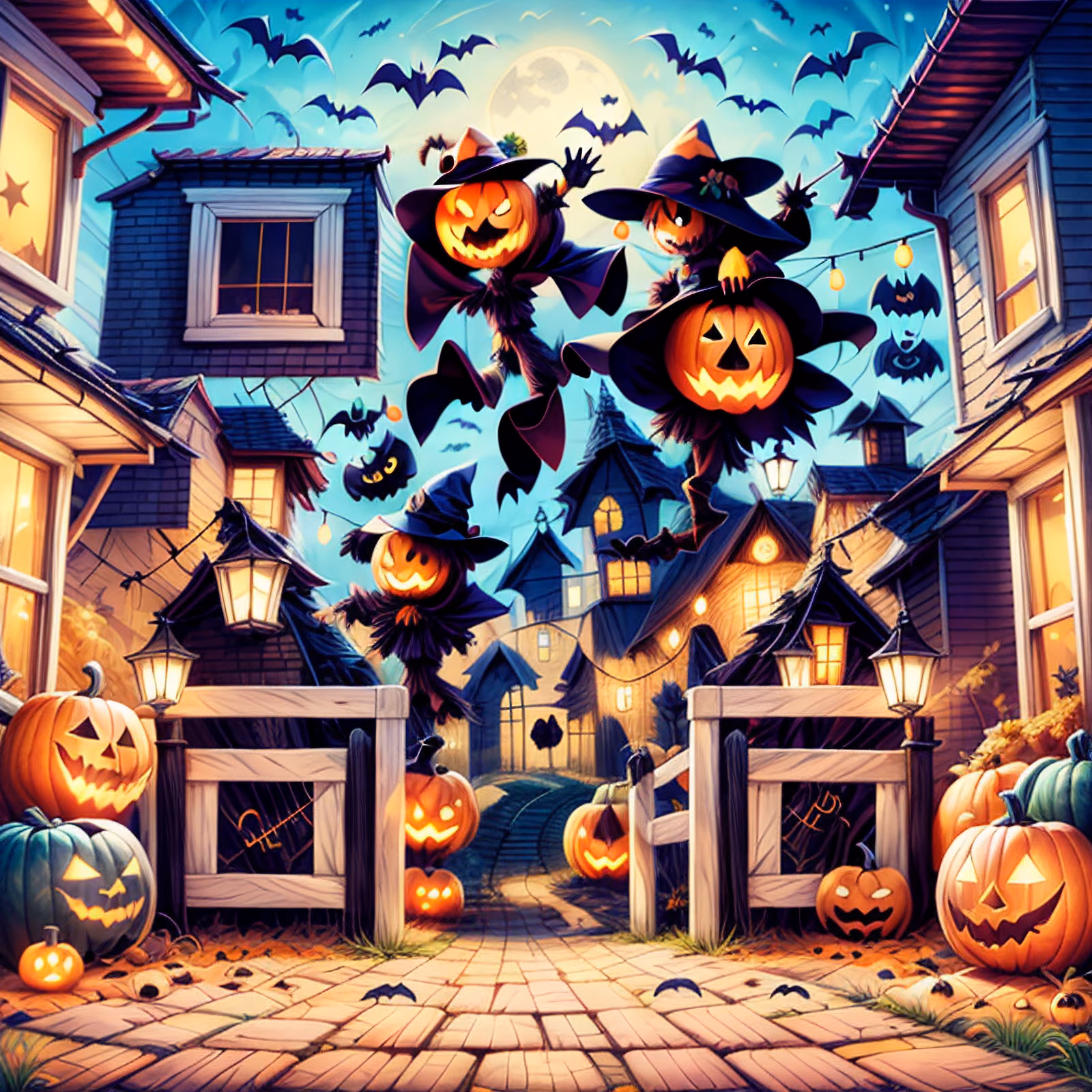Halloween Pumpkin Scarecrow Village Cartoon QR Code for Posters — image 1