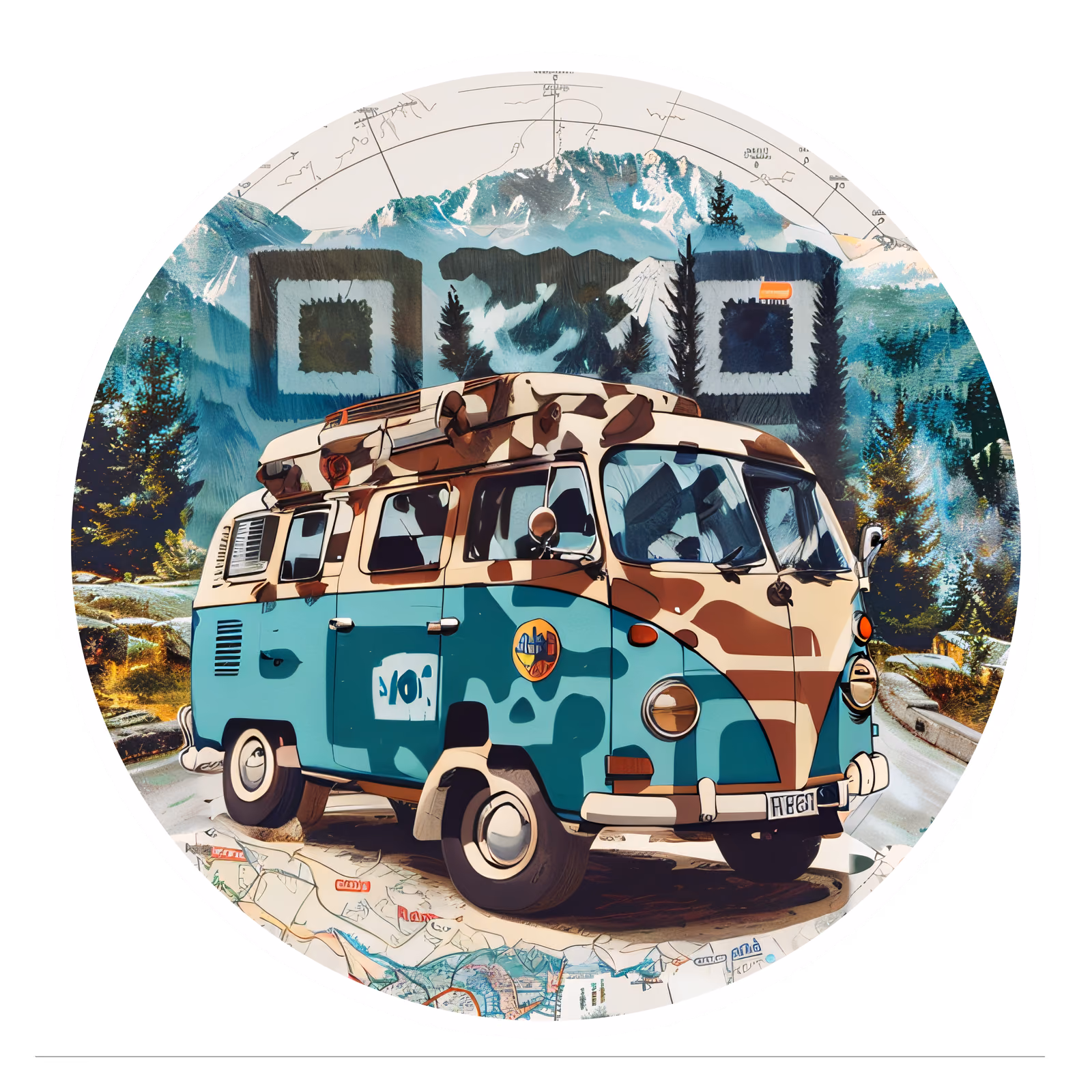 Retro Camper Van Mountain Vector QR Code for Stickers — image 1