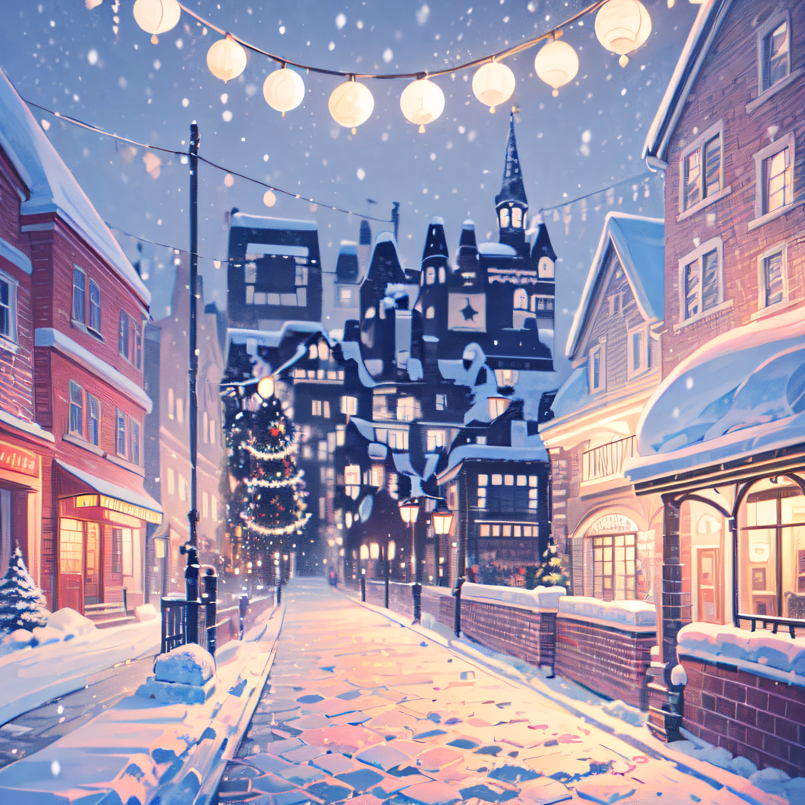 Snowy Christmas Street Digital Painting Village QR Code for Greeting Cards — image 1