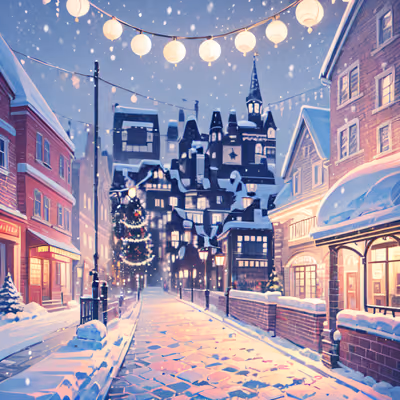 Snowy Christmas Street Digital Painting Village QR Code for Greeting Cards — image 1