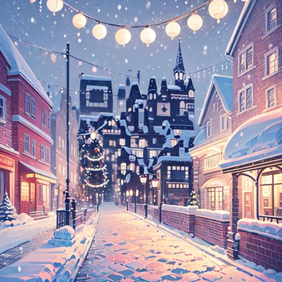 Snowy Christmas Street Digital Painting Village QR Code for Greeting Cards