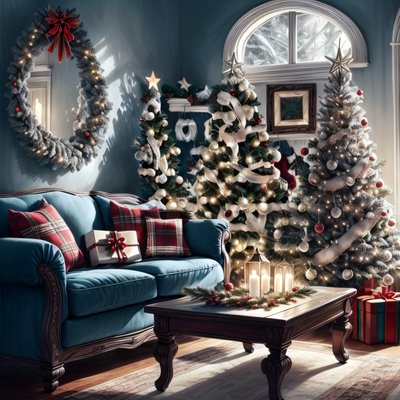 Christmas Living Room Digital Painting Interior QR Code for Greeting Cards