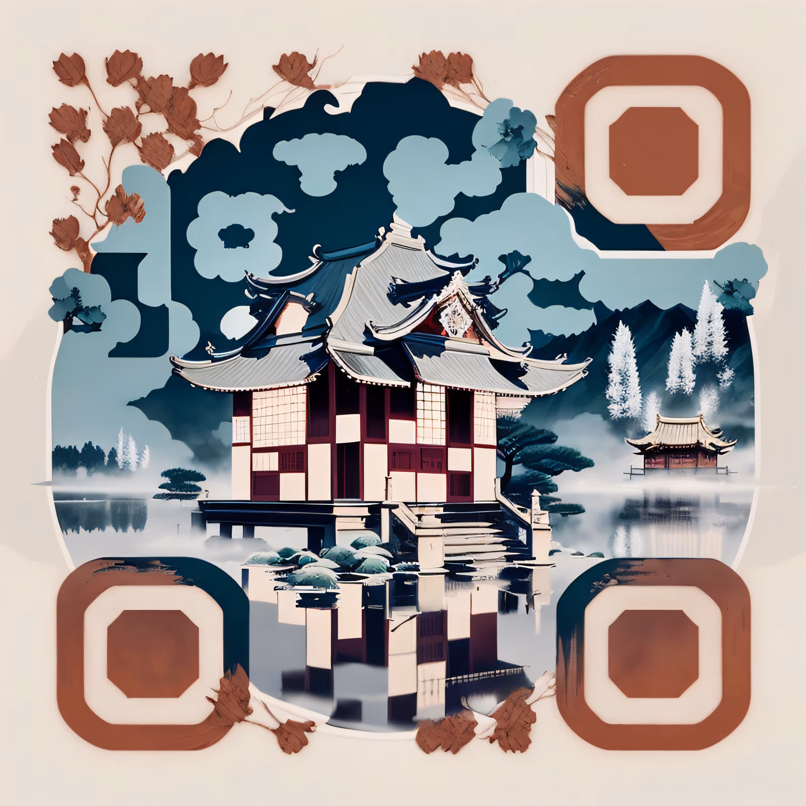 Павильон над туманным озером: QR-код в стиле туши — изображение 1