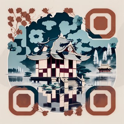 Misty Lake Pavilion Ink Style QR Code Art
