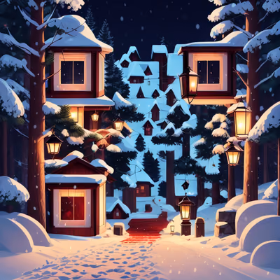 Snowy Village Night Cartoon QR Code for Greeting Cards — image 1