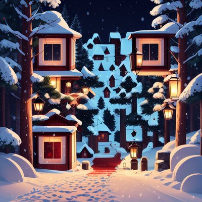 雪夜村庄卡通二维码设计,适用于贺卡