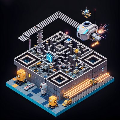 Isometric Robot Factory 3D QR Code for Posters