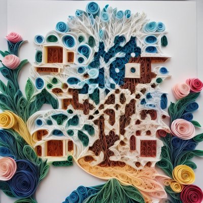 Quilled Paper Village With Trees QR Code Art