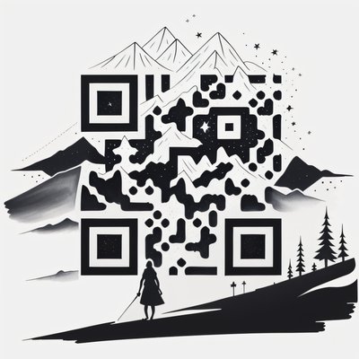 Starry Mountain Ink Drawing QR Code Art