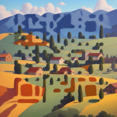 Hilly Countryside Village Stylized QR Code Art