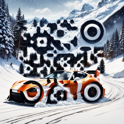 Orange Drift Car Snowy Mountain QR Code Poster