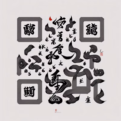 黑色墨笔书法二维码艺术 — 图片 1