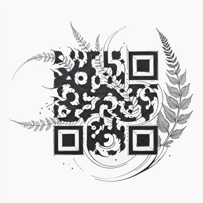 蕨叶螺旋墨线纹身二维码艺术,适用于临时纹身
