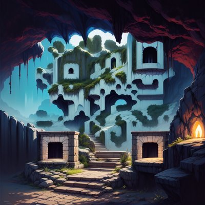 Таинственные руины в пещере, гуашь: QR-код