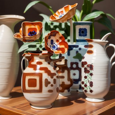 Glazed Ceramic Poppy Jugs QR Code Art