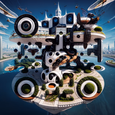 Robotic Insect Floating City Surreal QR Code for Posters — image 1