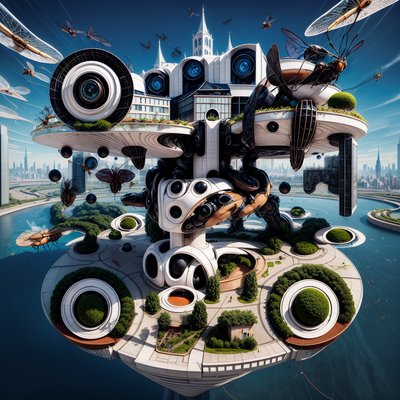 Robotic Insect Floating City Surreal QR Code for Posters