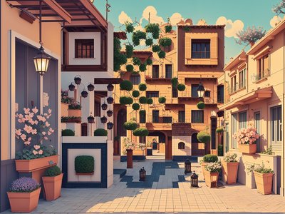 Mediterranean Town Square Retro Vector QR Code for Posters