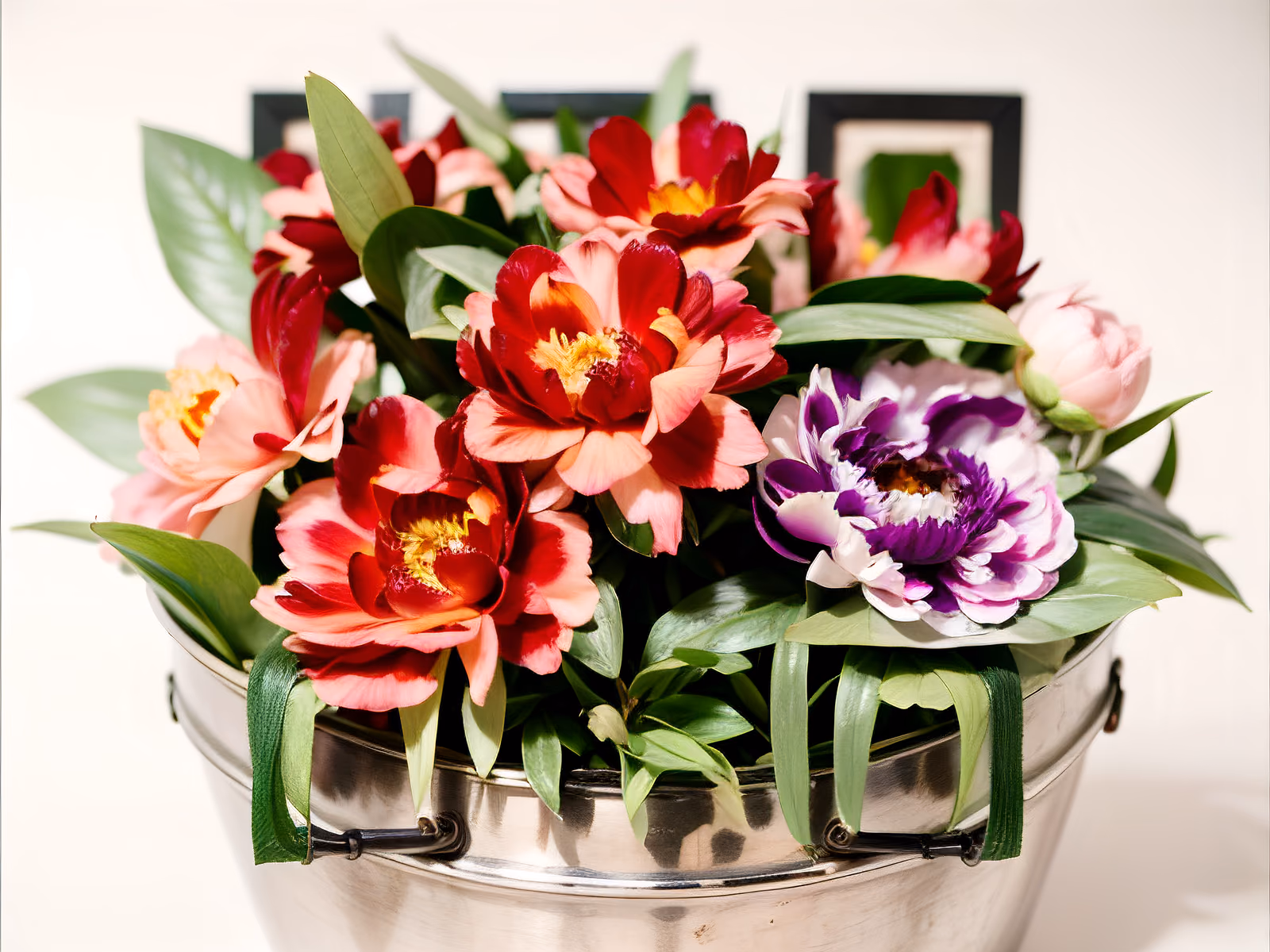 Букет пионов в серебряном ведре: фото QR-код — изображение 1
