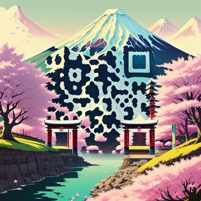 Mount Fuji Cherry Blossom Illustration QR Code for Posters