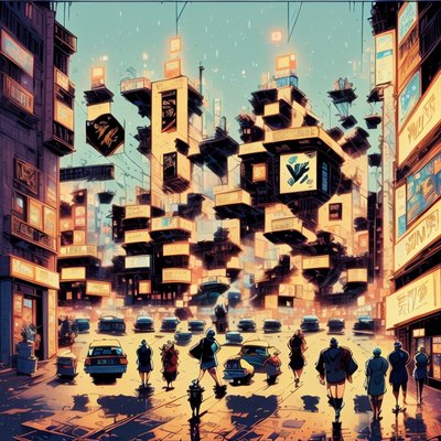 Футуристичная комикс-улица города: QR-код для постеров