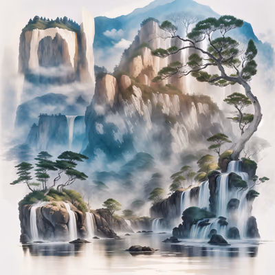 云雾山间瀑布水墨山水二维码艺术 — 图片 1