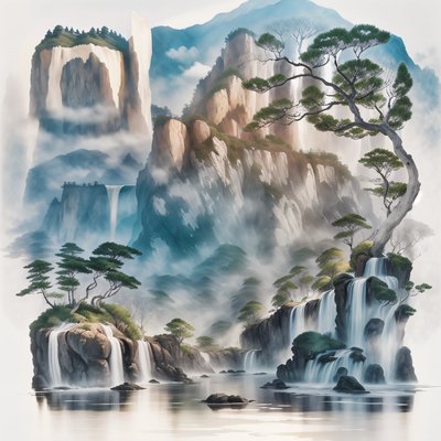 Misty Mountain Waterfall Ink Landscape QR Code Art