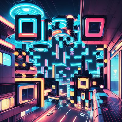 Neon Retrofuturist City Night QR Code for Posters