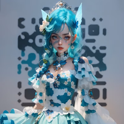 青绿发色精灵少女动漫风二维码艺术,适用于海报 — 图片 1