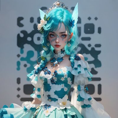 青绿发色精灵少女动漫风二维码艺术,适用于海报