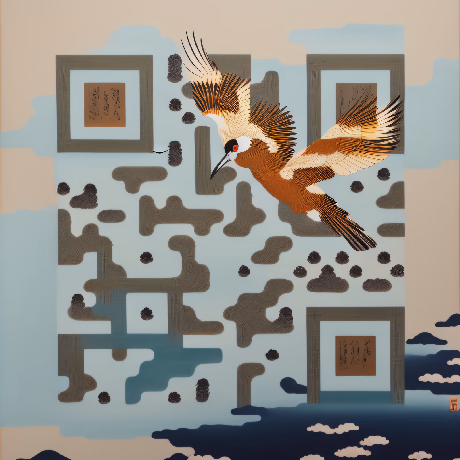 Журавль в полёте над облаками, живопись, QR-код — изображение 1