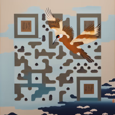 Журавль в полёте над облаками, живопись, QR-код — изображение 1