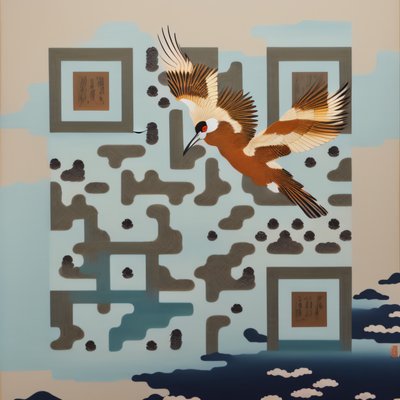 Журавль в полёте над облаками, живопись, QR-код