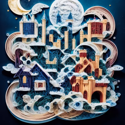 Paper Quilled Castles Under Moon QR Code Art — image 1