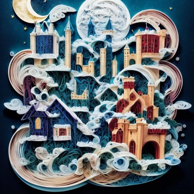 Paper Quilled Castles Under Moon QR Code Art