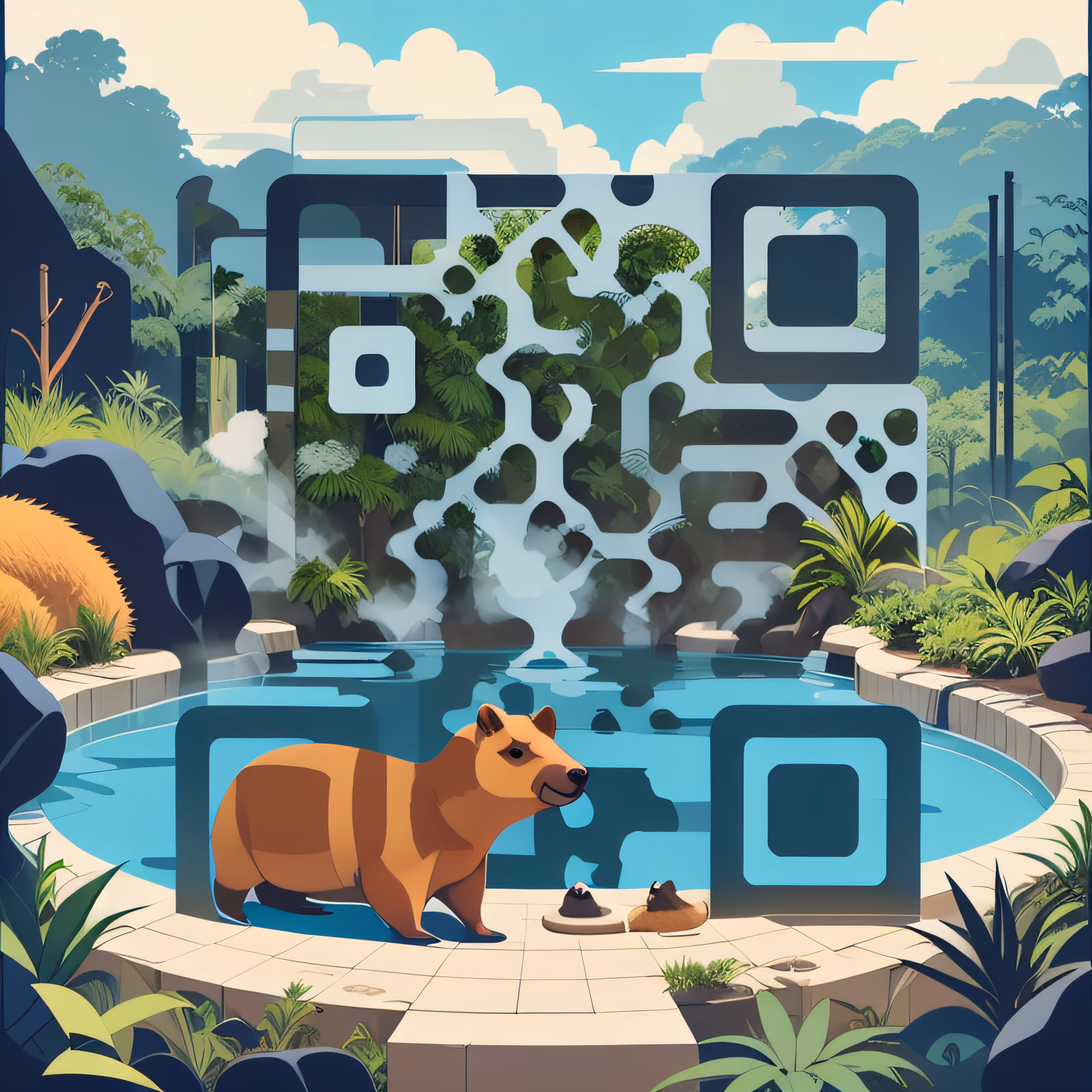Capybara Hot Spring Flat Vector QR Code for Posters — image 1