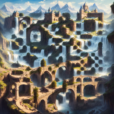 Fantasy Waterfall Bridges Matte Painting QR Code Art — image 1