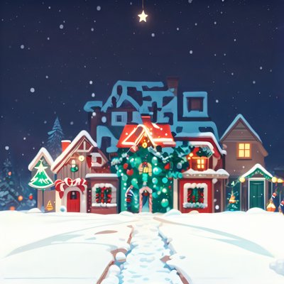 Snowy Christmas Village Illustration House QR Code for Greeting Cards