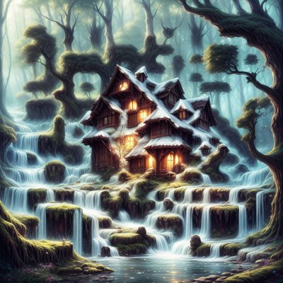 Forest Cottage Waterfall Fantasy QR Code Art