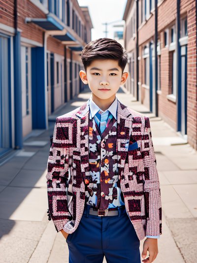 Boy in Printed Blazer Photorealistic QR Code for Posters