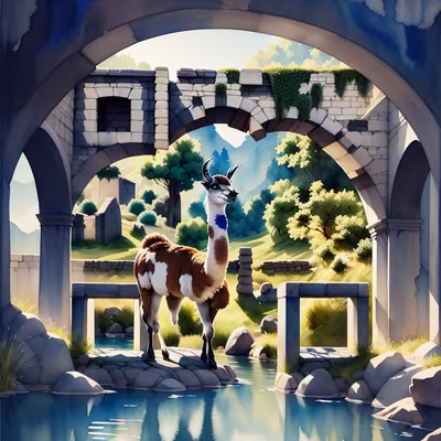 Llama Beneath Stone Arches Watercolor QR Code Art — image 1