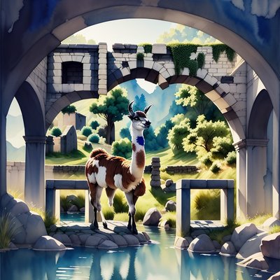 Лама под каменными арками: QR-код в акварели