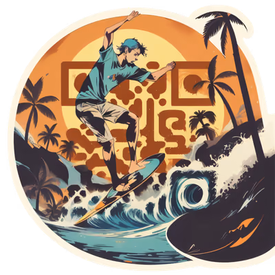 冲浪者与海浪复古矢量二维码设计,适用于贴纸 — 图片 1