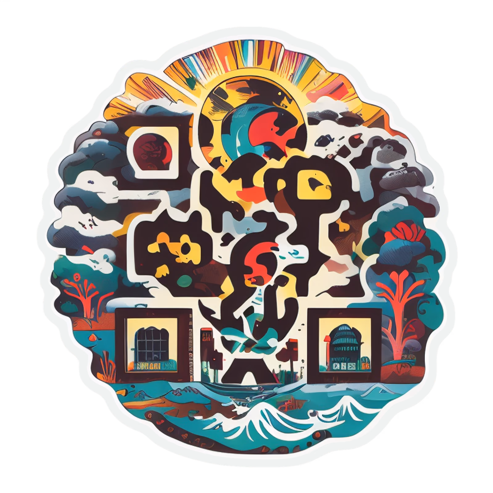 Океанский пейзаж с солнцем-лучами: векторный QR-код для наклеек — изображение 1
