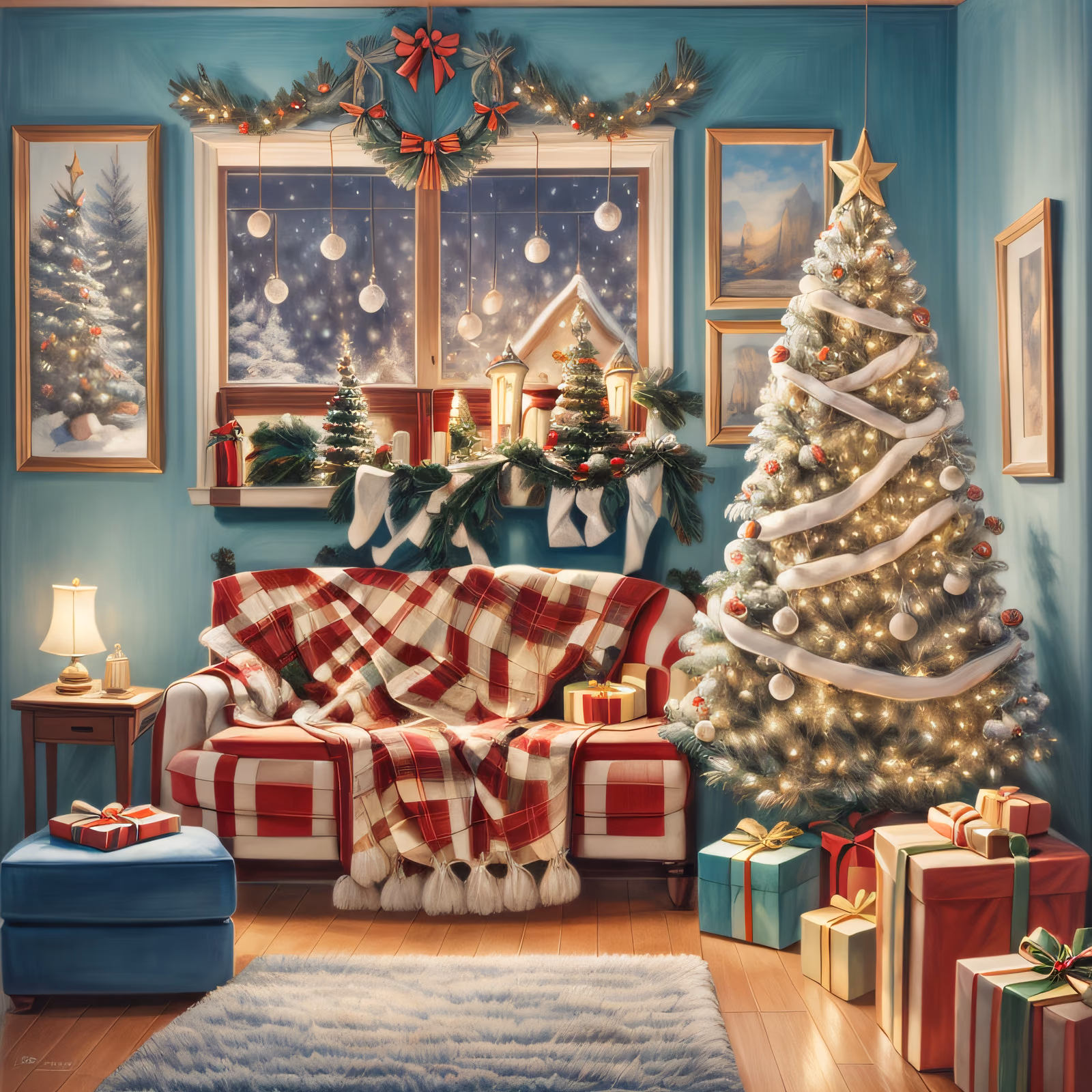 Cozy Christmas Living Room Painting Christmas Tree QR Code for Greeting Cards — image 1
